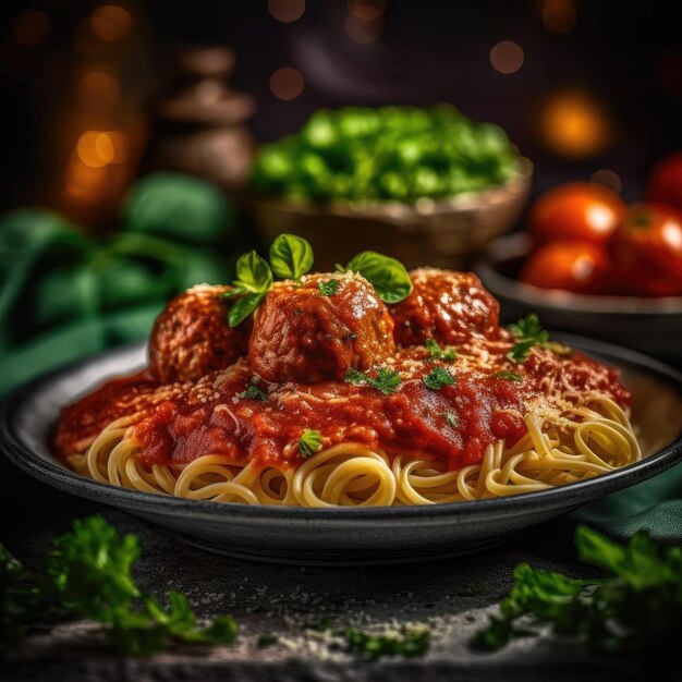 Spaghetti con polpette e salsa di pomodoro su sfondo scuro fuoco selettivo