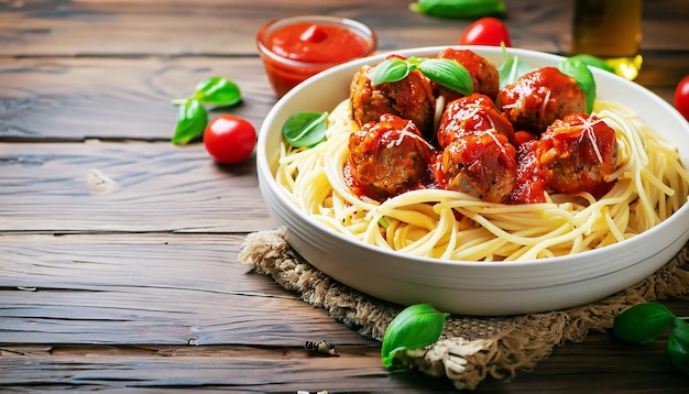 Spaghetti con polpette e salsa di pomodoro su tavolo di legno