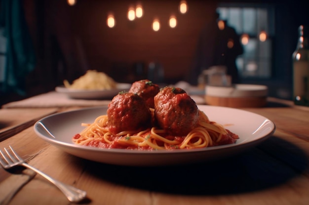 Spaghetti con polpette in salsa di pomodoro fatta in casa su tavola di legno AI generato