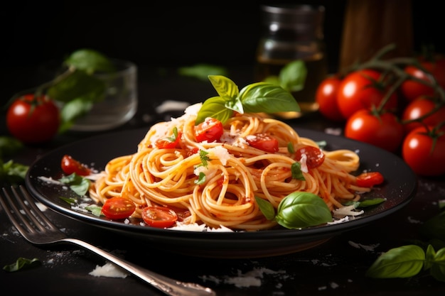 Spaghetti con pomodori, basilico e parmigiano su un tavolo nero Piatto di spaghetti appena cotti Piatto tradizionale italiano
