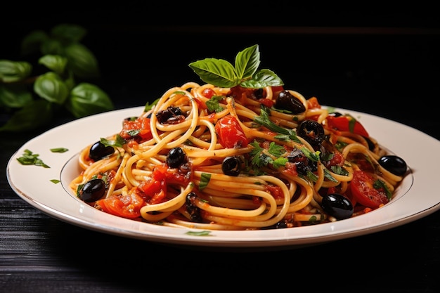 Spaghetti con pomodori olive e basilico su sfondo nero Spaghetti alla puttanesca pasta italiana con pomodori olive nere capperi acciughe e basilico AI Generato