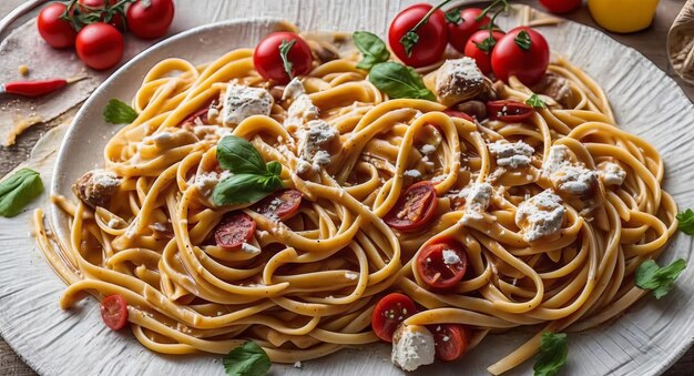 Spaghetti con pomodoro e formaggio su un bel piatto AI generato