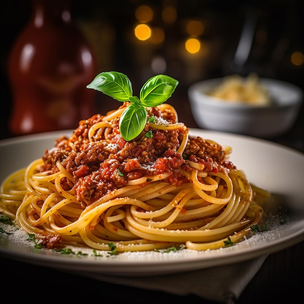 Spaghetti con salsa bolognese su piatto bianco