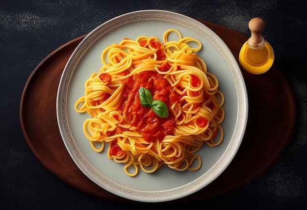 Spaghetti con salsa di pomodoro e basilico su un piatto su sfondo scuro