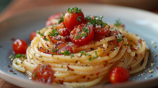 Spaghetti con salsa di pomodoro e prezzemolo in una ciotola nera