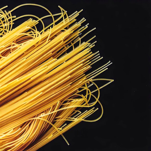 spaghetti crudi isolati su sfondo nero vista dall'alto con spazio per la copia