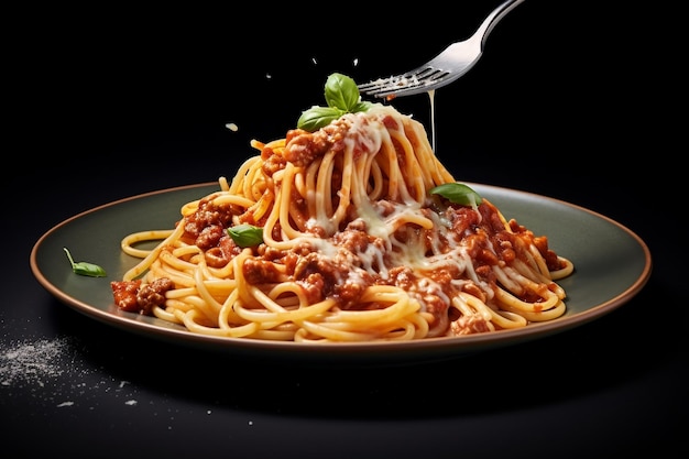 Spaghetti di pasta con salsa di pomodoro con sfondo scuro