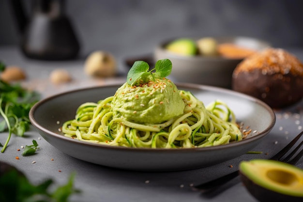 Spaghetti di pasta di zucchini con pesto a salsa verde Illustrazione generativa di AI