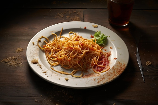 Spaghetti di rifiuti alimentari rimasti nel piatto