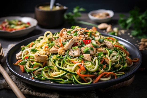 Spaghetti di zucchine saltati in padella con pollo di verdure fresche e semi di sesamo creati con intelligenza artificiale generativa