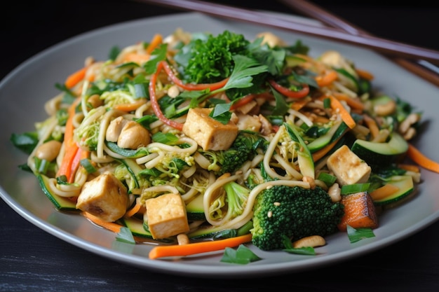 Spaghetti di zucchine saltati in padella con verdure e tofu creati con l'IA generativa