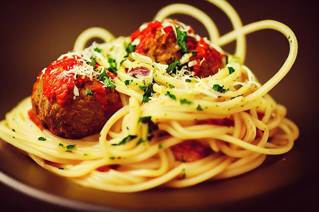 Spaghetti dorati e polpette con salsa di pomodoro ed erbe aromatiche sul piatto