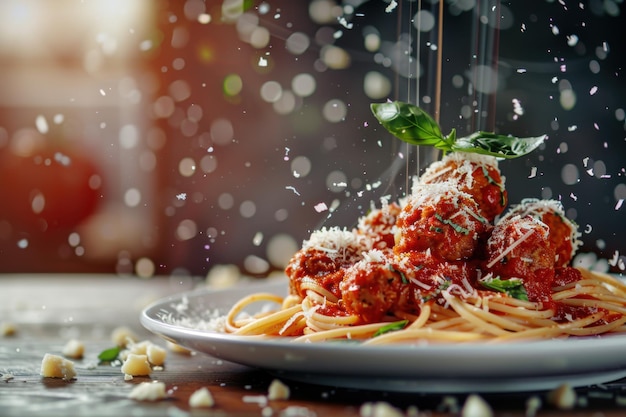 Spaghetti e polpette con formaggio parmigiano deliziosa e artistica esplosione di pasta