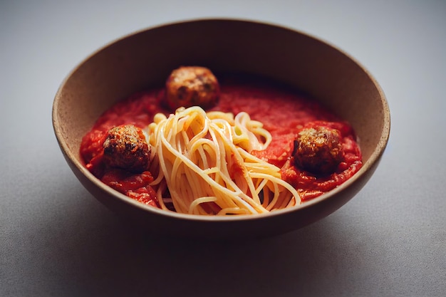 Spaghetti e polpette italiani in ricca salsa di pomodoro in piatto beige profondo