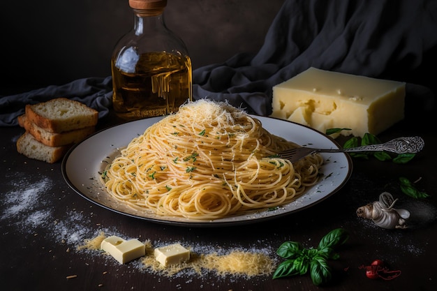 Spaghetti fatti in casa con aglio e parmigiano Algio e Olio dall'Italia