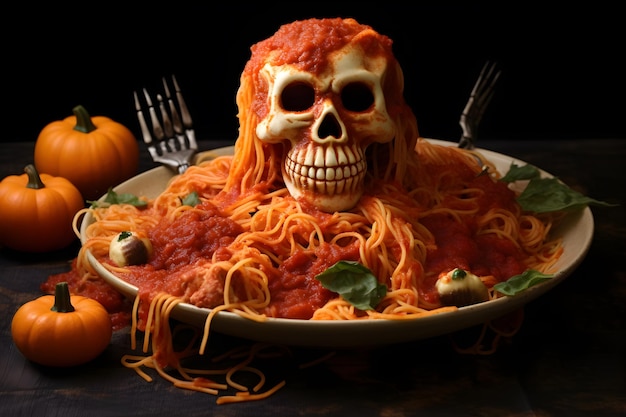 Spaghetti in un piatto bianco Decorato con un teschio spettrale a tema Halloween