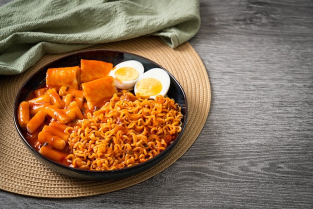 Spaghetti istantanei coreani con torta di riso coreana e torta di pesce e uovo sodo - Rabokki - Stile alimentare coreano