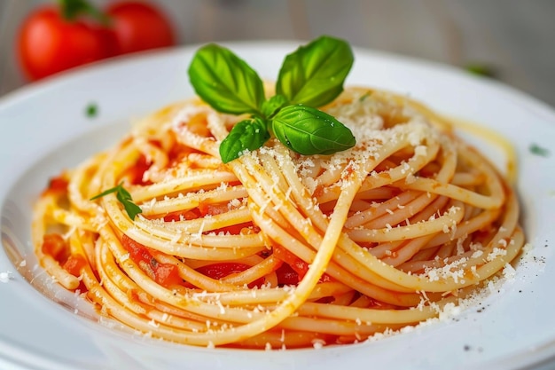 Spaghetti italiani classici con pomodori salsa di pomodoro basilico latte mozzarella e formaggio parmigiano