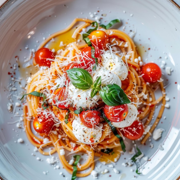 Spaghetti italiani classici con pomodori salsa di pomodoro basilico latte mozzarella e formaggio parmigiano