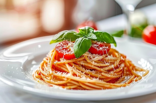 Spaghetti italiani classici con pomodori salsa di pomodoro basilico latte mozzarella e formaggio parmigiano