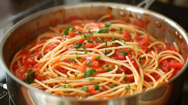 spaghetti italiani con salsa di pomodoro in padella