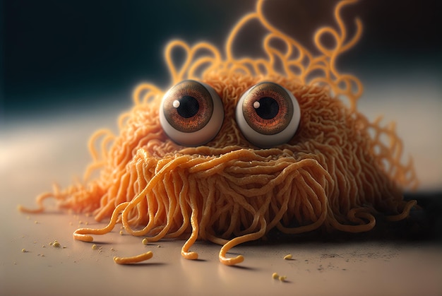 Spaghetti mostruosi divertenti Simpatico noodle di pasta o personaggio di ramen con una faccia pazza e buffa IA generata