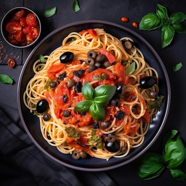 Spaghetti Piatto di pasta italiana con pomodori olive nere basilico su tavolo scuro Vista dall'alto IA generativa