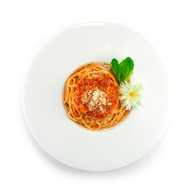 Spaghetti Piccante Salsa Di Pomodori Cospargere Di Parmigiano Piatto Italiano Decorazione Stile Fusion