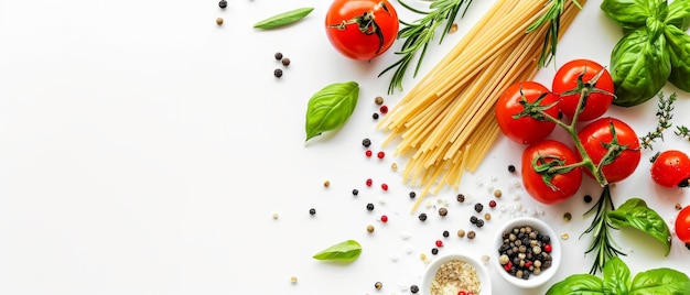 Spaghetti pomodoro fresco erbe e spezie Banner con un posto per il testo