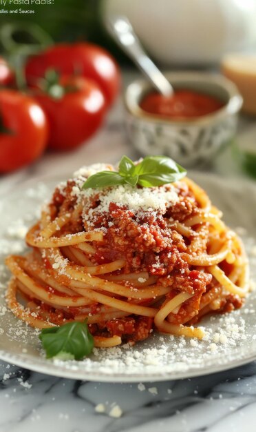 Spaghetti semplici con salsa di pomodoro e basilico