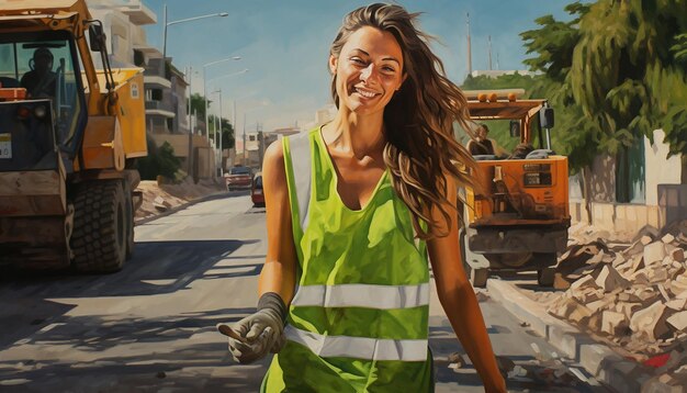 spagna donna che fa lavori stradali imprenditore sorridente costruzione di strade veicoli da costruzione