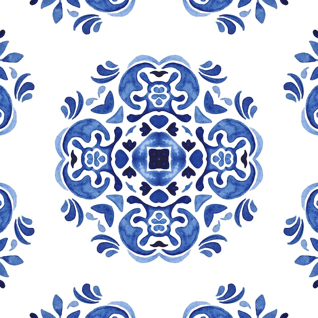 Spaish blu e bianco mano piastrelle disegnate seamless ornamentali pittura ad acquerello pattern