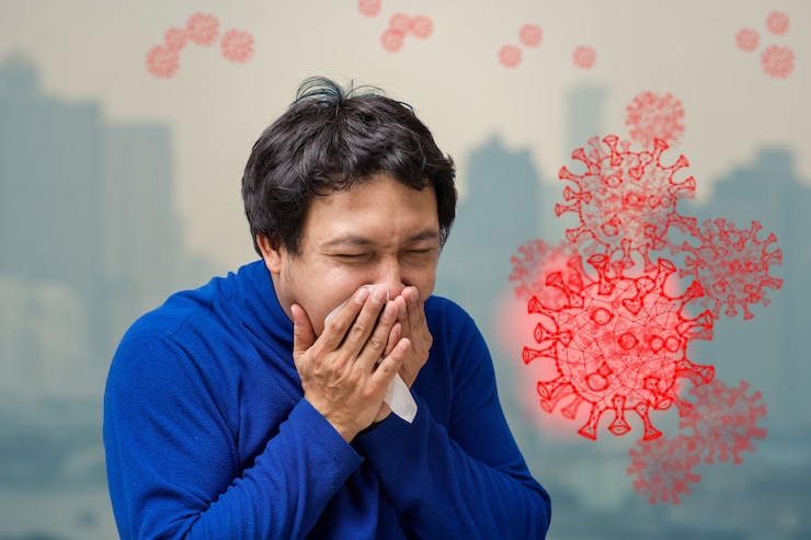 Photo spanduk pria asia mengenakan masker wajah terhadap polusi udara dan virus corona