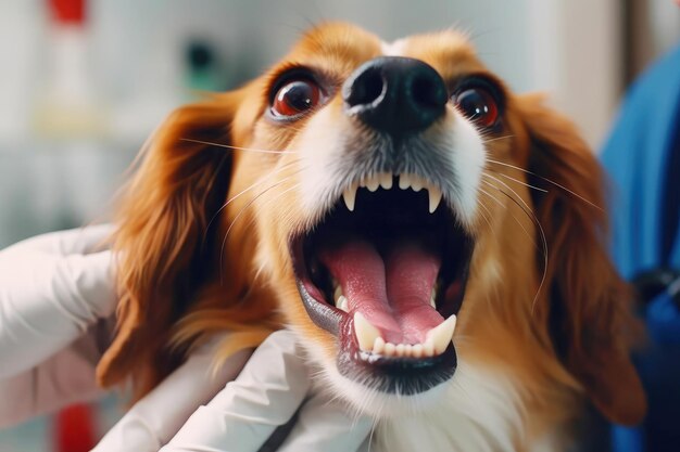 Spaniel cane in trattamento in un primo piano della clinica veterinaria