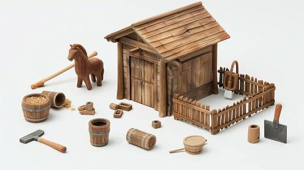 Spargere alcuni strumenti e utensili di legno intorno alla stalla per indicare le faccende e le attività quotidiane