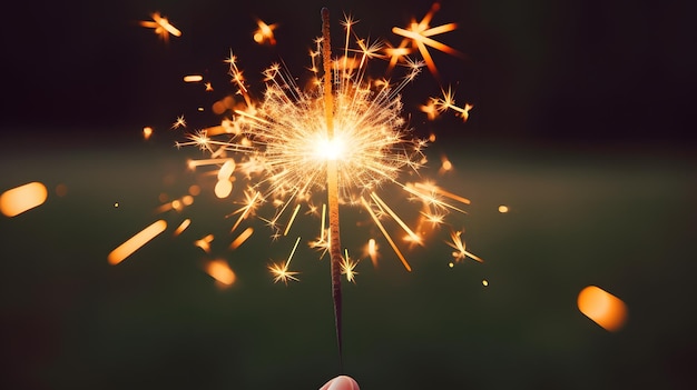 Sparkler in fiamme con luci bokeh su sfondo nero