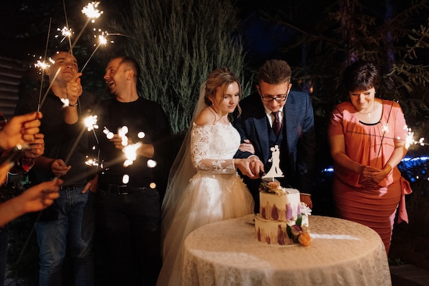 Sparklers al matrimonio degli sposi nelle mani di ospiti gioiosi