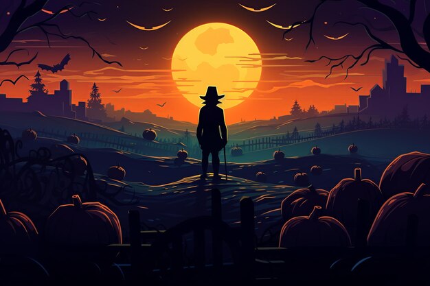 Spaventapasseri del raccolto notturno nell'illustrazione piatta minimalista di Pumpkin Patch