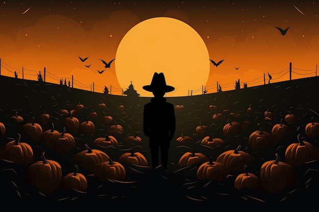 Spaventapasseri del raccolto notturno nell'illustrazione piatta minimalista di Pumpkin Patch
