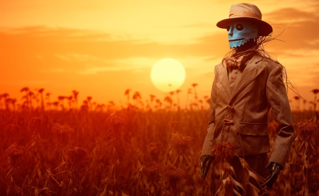 spaventapasseri di fronte al tramonto nello stile dell'iperbole fotorealistica di Halloween spettacolare