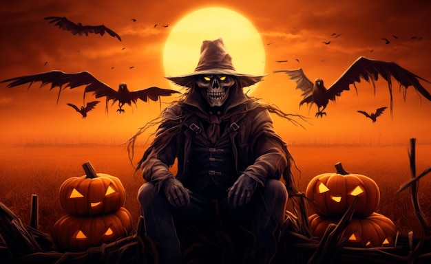 spaventapasseri di fronte al tramonto nello stile dell'iperbole fotorealistica di Halloween spettacolare