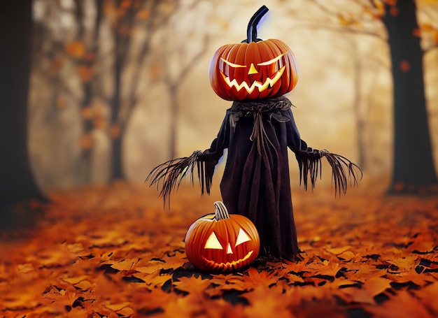 Spaventapasseri di Halloween con testa di zucca cavernosa sfondo autunnale rendering 3D