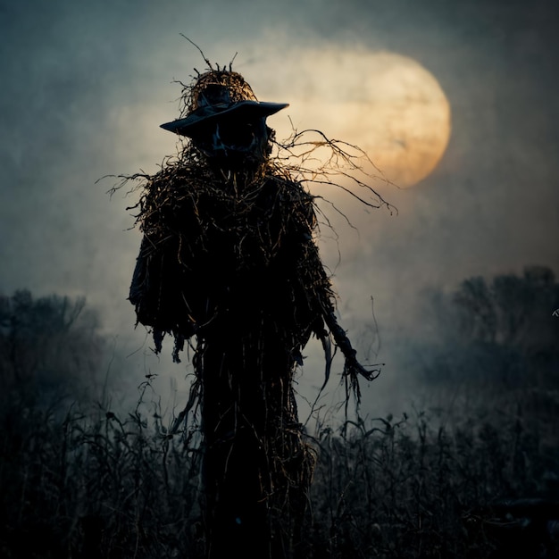 spavento con un cappello e una luna piena sullo sfondo ai generativa