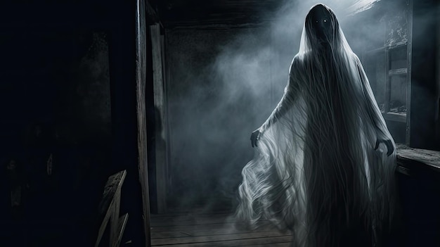 Spaventosa donna fantasma in Haunted HouseSfondo horror per la copertina del libro