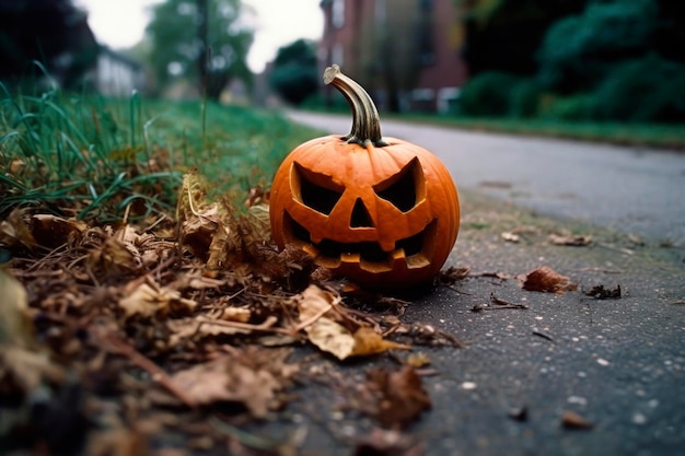 Spaventosa lanterna jack zucche di Halloween nell'oscurità a terra tra foglie secche in strada Decorazione della vigilia di San Valentino divertente zucca luminosa con candele su sfondo scuro all'aria aperta vicino casa generata IA