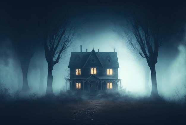 Spaventosa vecchia casa infestata nei boschi Dimora di una strega uno stregone Mistica nebbia notturna raccapricciante Rendering 3D AI generato