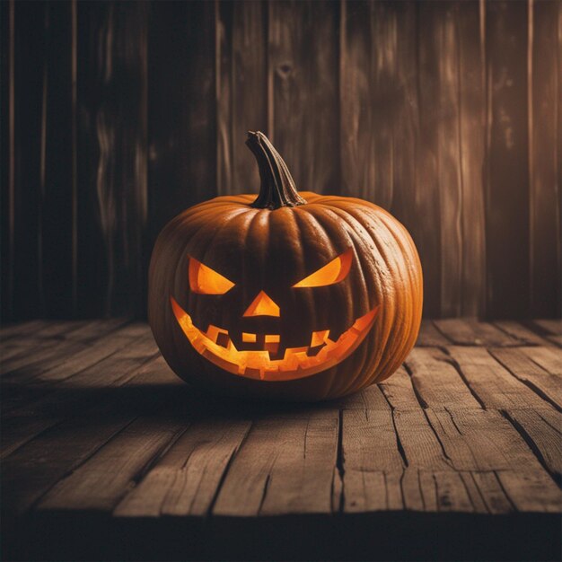 Spaventosa zucca di Halloween su un tavolo di legno e carta da parati