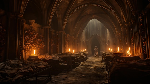 spaventose catacombe medievali senza fine illuminate dalle fiamme
