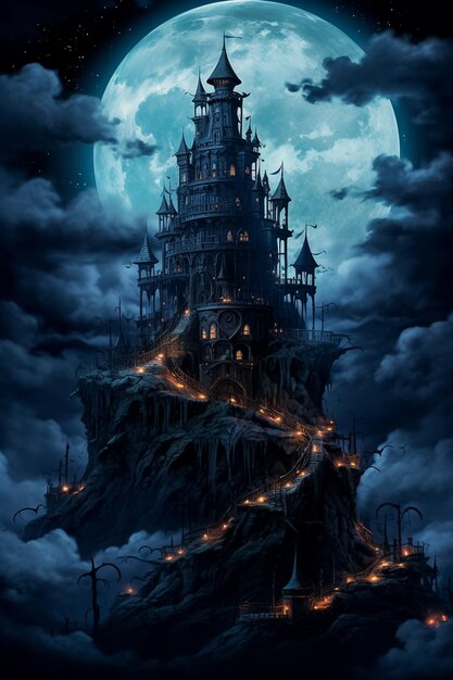 Spaventoso castello di vampiri con luna e pipistrelli che volano per Halloween con una notte al cimitero generata da Ai
