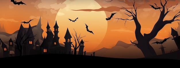 spaventoso cimitero abbandonato illustrazione notturna di bandiera di Halloween con pipistrelli e lanterne e pipistrelli